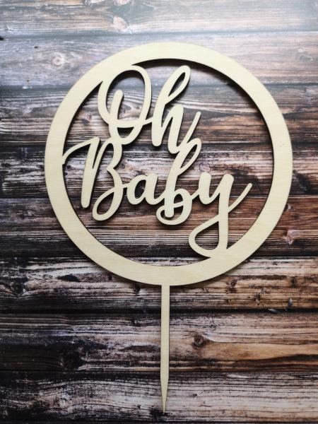 Cake topper "Oh Baby" made of wood in natural birch